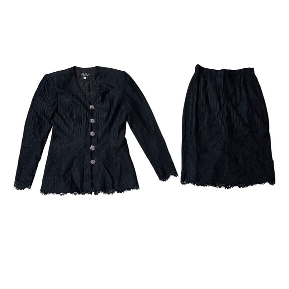 Vintage Black Lace Blazer Skirt Suit Set Size 4 Karen Lawrence by Matthew 1980s - Picture 2 of 10
